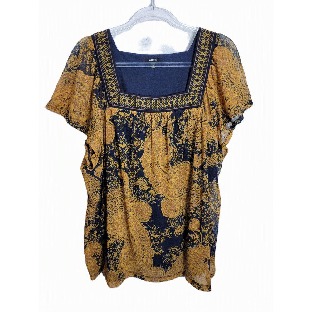 Apt. 9 Women 2X Blouse Navy Gold Paisley Square Neck Flutter Sleeve Mesh Lined